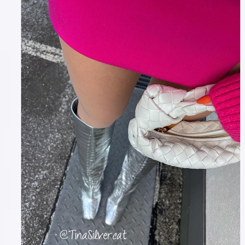 BLOGGER'S FAVE! Zara Embossed Square Toe High Heel Knee High Boots Silver NWT - Picture 12 of 17